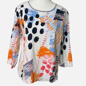 Jess & Jane‎ Dottie Scoop Neck 3/4 Sleeve Paint Splotches Top